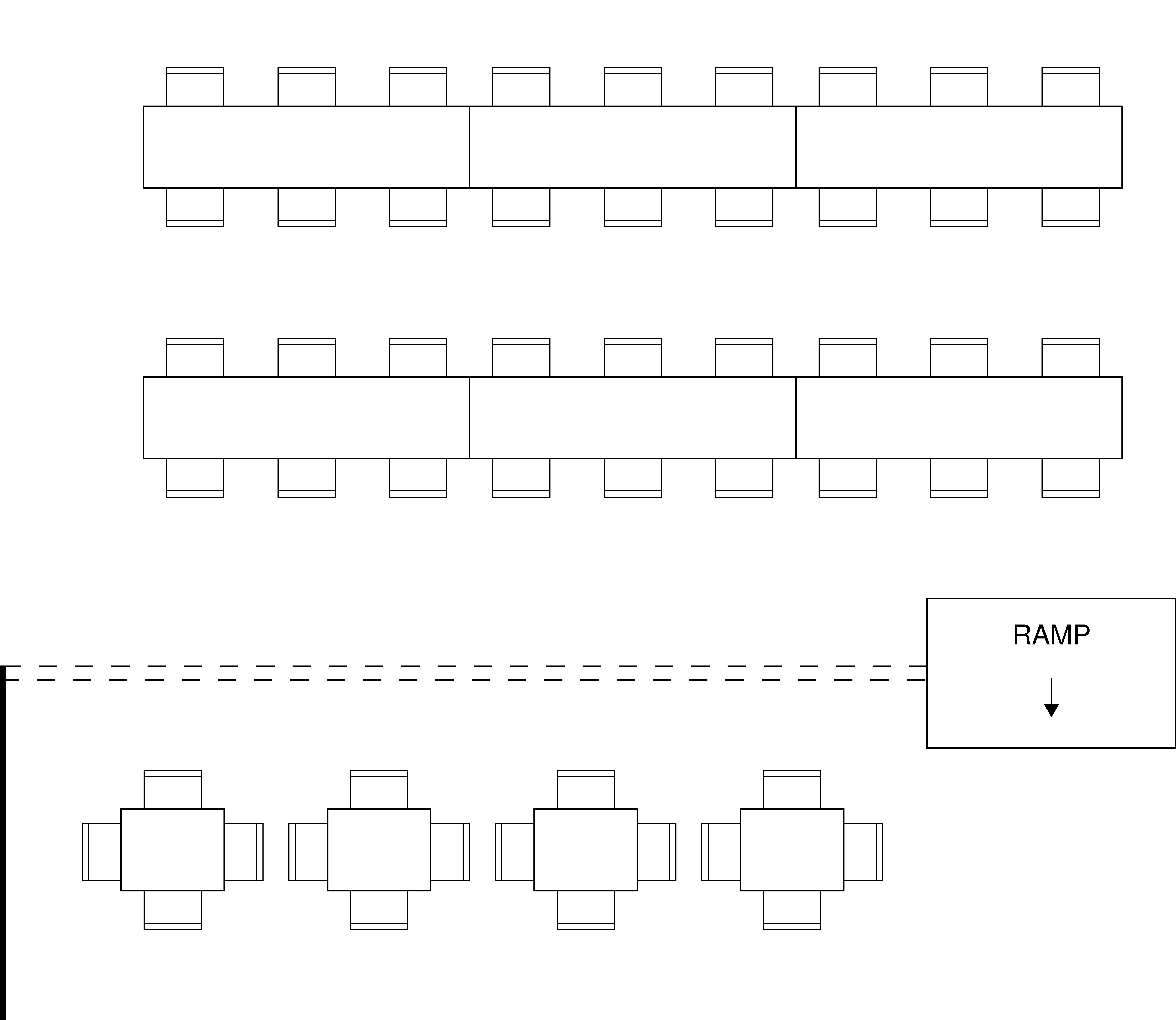 Map of dining area floor plan. Along the top, running parallel to the top, is a series of three tables end to end, forming a sing long table that seats nine people per side. An identical set is beneath this. Beneath this is a raised area, accessed by a ramp labeled on the lower right. There are four square tables on this mezzanine, each of which seats four people.
